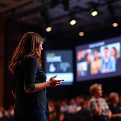 Mujer dando una presentación en un escenario con diapositivas llamativas