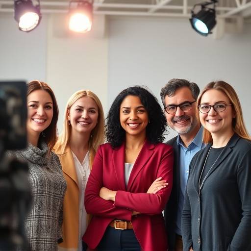 Un equipo diverso de instructores de oratoria sonriendo y mirando a la cámara