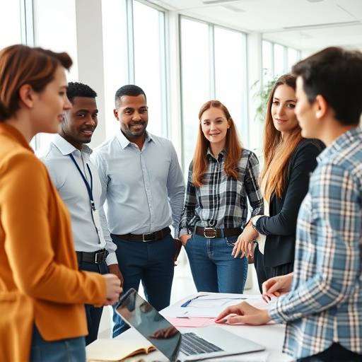 Un grupo diverso de personas colaborando y comunicándose eficazmente en un entorno profesional