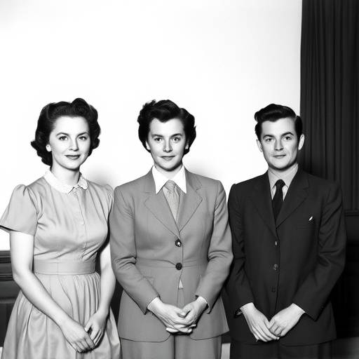 Una foto antigua en blanco y negro que muestra una clase de oratoria en los años 50